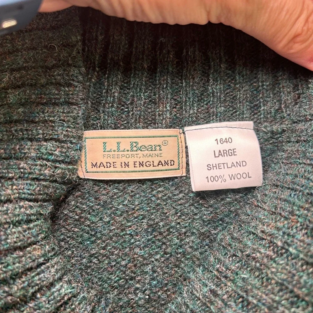 LL Bean Sweater Mens Large Green Shetland Wool Shawl Collar Made in England Vtg